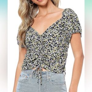 Elodie Women's Ruched Front Blouse with Flower Print Pullover Top with Tie